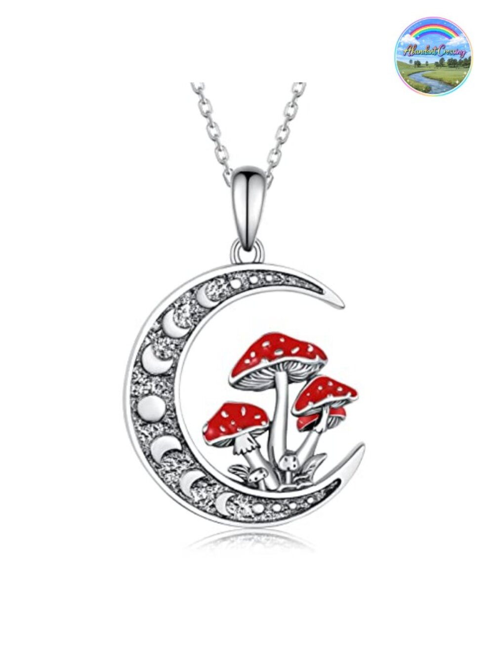 925 Sterling Silver Moon Mushroom Pendant Necklace, Rolo Chain Necklace for